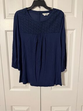 Boden Navy Crochet Yoke Blouse